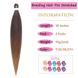 Ombre Brown With Blonde Braiding Hair Pre stretched 30 Inch 3 Packs Pre stretched Braiding Hair Ago Yaki Texture Synthetic Hair Extension Itch Free Hot Water Setting(30", T1B/30/27#,3Packs)