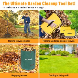 Rake for Leaves - 25 Tines Heavy Duty Metal Rake Set with Leaf Scoops & Collector Bag, Adjustable Rakes for Lawns, 3-in-1 Leaf Collection Tool for Efficient Yard Pine Needle Grass Cleanup 5FT