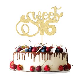 1 decoración para tartas de 16 cumpleaños con purpurina para 16 años de edad, decoración para tartas de 16 años, color dorado