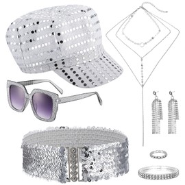 ViEinkaufen 8 Pcs 70s Abba Accessories Set,1970s Disco Fancy Dress Set with Sequin Hat Necklace Bracelet Earrings Ring Sunglasses Belt for 70s 80s Disco Theme Party
