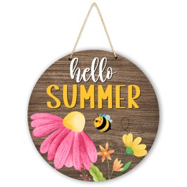 Kqfdr Summer Decorations for Home, Daisy Summer Wreaths for Front Door Wall Decor, 12 In Round Wooden Hanger for Pool Farmhouse Porch - A03