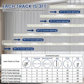 Encreese Ceiling Curtain Track Set - Ceiling Mounted Heavy-duty Curtain Rods Room Divider Curtain Rails Sliding Curtain Poles Set with Clips for Living Room Bedroom RV Shower Outdoor, White 12ft