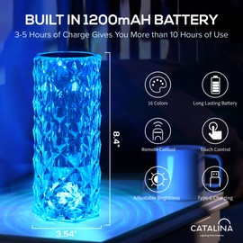 Catalina Lighting 16-Color RGB Portable Prismatic Table Lamp, Rechargeable Cordless Crystal Night Light, Dimmable, 8.5" H, Clear Acrylic