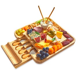 RoyalHouse Bamboo Cheese And Charcuterie Board With Slide Out Knife Drawer For Entertaining