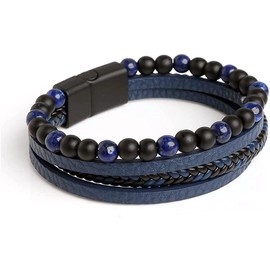 Zeayebsr Men's Premium Bracelet Stainless Steel Bracelet Blue and Black Mixed Colour Hand Braided Men's Bracelet Tiger's Eye Bracelet Beads Titanium Steel Bracelet Men's Stainless Steel Magnetic