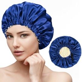 Mugust Satin Bonnet,1PC Silk Sleep Bonnets for Women, Adjustable Satin Night Sleeping Cap Soft Elastic Band Silk Bonnets for Sleeping, Hair Bonnet for Curly Hair Braid Women (Adjustable-Blue)