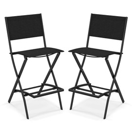 Tangkula Outdoor Barstools Set of 2, Counter Height Folding Bar Chairs with Back and Footrest, Versatile Patio Dining Chairs with Breathable Fabric & Heavy-Duty Metal Frame (2, Black)