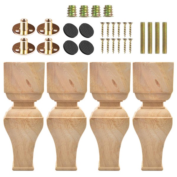 8 inch / 20cm Wooden Furniture Legs, La Vane Set of 4 Carved Geometry Solid Wood Unfinished Replacement Bun Feet with Mounting Plate & Screws for Sofa Cabinet Couch Table TV Stand