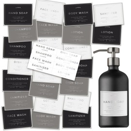 24 Waterproof Labels for Bottles, Shampoo and Conditioner Dispenser Label - Stickers, Bathroom Hand Soap Label Stickers, Bathroom Labels for Glass or Plastic Bottle (Silver Lettering)