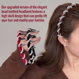 3Pack Vintage High Cranium Artificial Pearl Hairband, Wide Beaded Bling Pearl Headband with Teeth Hoop for Women Girls, Non Slip Head Bands for Women's Hair, Elegant Beaded Headband Wedding Hair Accessories