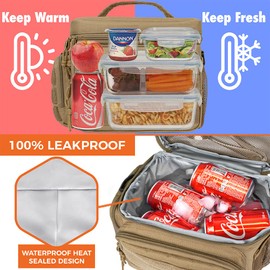 opux Tactical Lunch Box for Men, Tan Mens Insulated Lunch Bag for Adult, Leakproof Soft Lunch Cooler with MOLLE Mesh Side Pockets, Multicam Heavy Duty Lunchbox Pail for Work Women, Large, 18 Cans