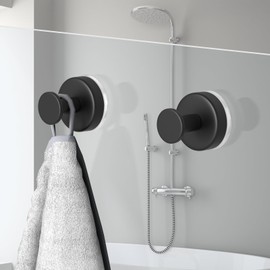 PMMASTO Suction Cup Hooks for Shower, Stainless Steel Bathroom Hooks to Hang Towels, Loofah, Coat, Bath Robe Hook Holder - Bathroom, Kitchen, Glass Door, Mirror, Tile (Black O Shape - 2 Pack)