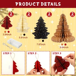 Faccito 8 Pcs Paper Christmas Honeycomb Trees Centerpiece LED Lighted Honeycomb Christmas Tree with 2 LED Light Strings Holiday Hanging Decoration Table Centerpiece (Retro Style, Vintage Color)