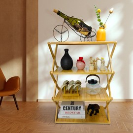 FEIXIDI Foldable Bamboo Shelf, Folding Shoe Rack, Flower Rack, Camping Rack, No Installation Required, Portable, Space Saving, Multi-Purpose Storage Rack (Natural, 4 Tiers)