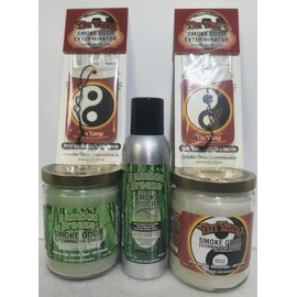 Smoke odor Exterminator Bamboo Breeze, Includes Two 13 oz Jar Candle One 7 oz Spray & Two Car Hangers All in One Bundle.