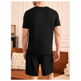 SweatyRocks Men's 2 Piece Pajama Sets Letter Graphic Short Sleeve Top and Shorts Sleepwear Set Black Large
