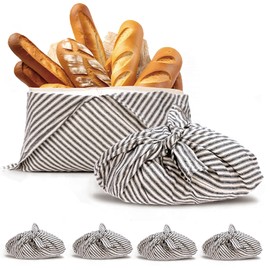 yeload 4 Pack Beeswax Bread Bags, Striped Linen Bento Bags, 14" Cotton Loaf Bag, Reusable Organic Food Storage, Sourdough Bag, Rustic Farmhouse Azuma Bukuro Origami Wrap for Baked Gifts (Black, 4)