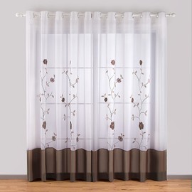 SIMPVALE Sheer Voile Floral Embroidery Curtains with Eyelets Transparent Curtain Living Room Bedroom Brown 140 x 225 cm (W x H) Pack of 2