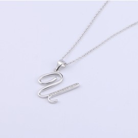 925 Sterling Silver Cubic Zirconia Alphabet Initial Letter Pendant Necklace (U)