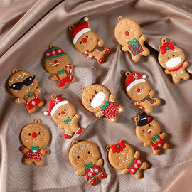12PCS Easter Christmas Gingerbread Ornaments, Gingerbread Tree Decorations Ginger Man Clay Figurine with Strings Hanging Ornaments for Xmas Tree Holiday Party Festive Season