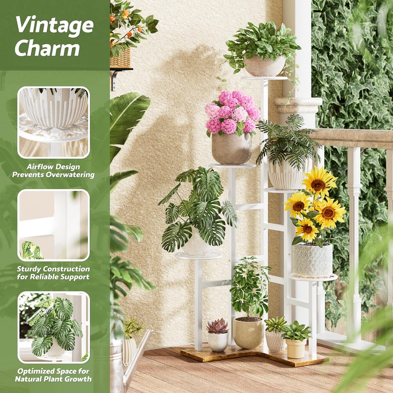 NQW 6 Tier Wood Metal Tall White Indoor Plant Stand