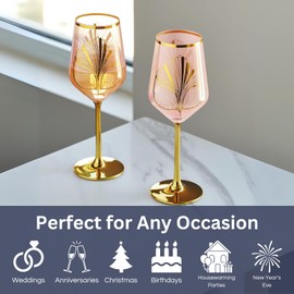 Gatsby Roaring Twenties Wine Glasses - Blush Pink Colored Crystal Glass - Set of 2 - Gold Large Stemmed 12 oz Glasses, Unique all Occasions & Special Celebrations Italian Color Style Tall Drinkware