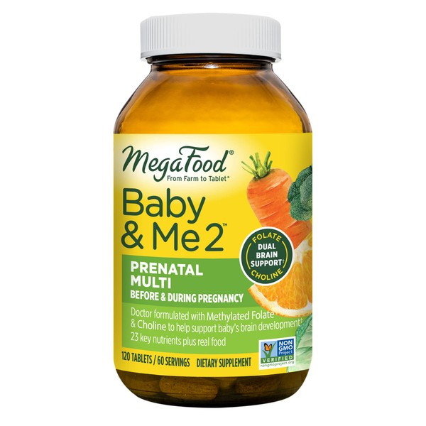 MegaFood Baby & Me 2 Prenatal Multi - Prenatal Vitamins for Mom & Developing Baby - Dr Formulated with Essential Nutrients like Folic Acid, Choline, Biotin, and More - Non-GMO - 120 Tabs (60 Servings)