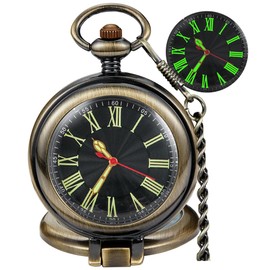 Tiong Transparent Cover Pocket Watches Quartz Roman Numerals Men Arabic Numerals with Chain&Box(Bronze-R)