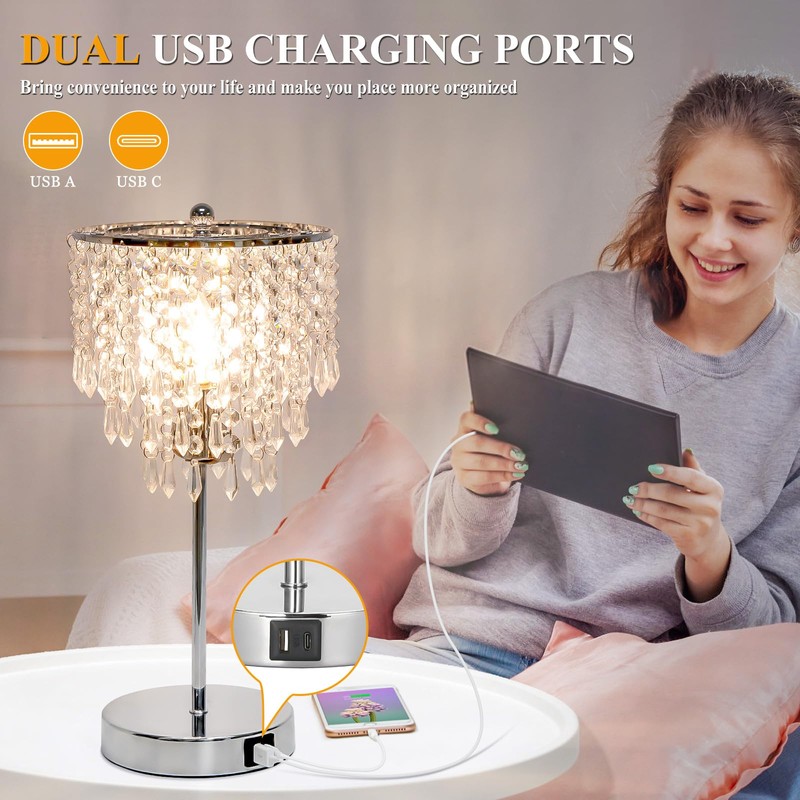 Touch Control Crystal Table Lamp with USB C+A Charging Ports,
