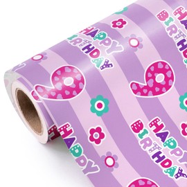 WRAPAHOLIC 9th Birthday Wrapping Paper - Mini Roll - 17 Inch x 33 Feet - Pink Happy Birthday with Floral Design for Party, Holiday