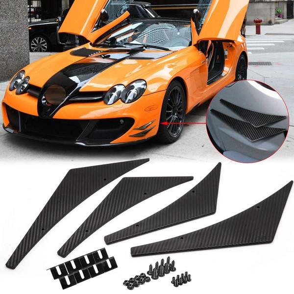 Xotic Tech 4pcs JDM Sporty Racing Style Front Bumper Side Canards Fin Splitter Diffuser Trim Universal Fit (Carbon Fiber Style)