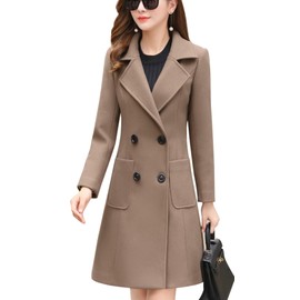 chouyatou Women Elegant Notched Collar Double Breasted Wool Blend Over Coat (Large, Khaki)
