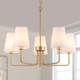 AMZASA Farmhouse Chandelier, 5-Lights Visual Comfort Gold Light, Muted Gold with White Fabric Shade, Linear Island Lighting Fixture for Kitchen, Dining Room