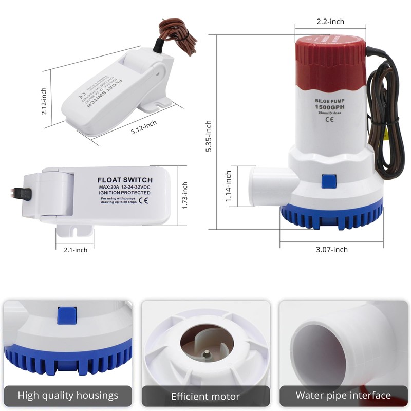HUIXHAO Bilge Pump 12 V 1500 GPH Boat Bilge Water