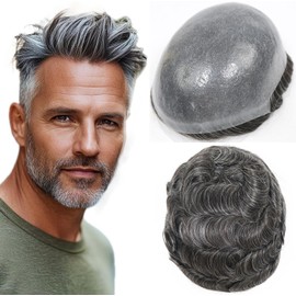 HAPPY&CC Tupé Para Hombre, De Piel Fina De Poliuretano, Con Sistema De Reemplazo De Cabello Humano Virgen Europeo, Prótesis Capilar Masculina Con 30% De Sintético Gris, 25 X 20 Cm