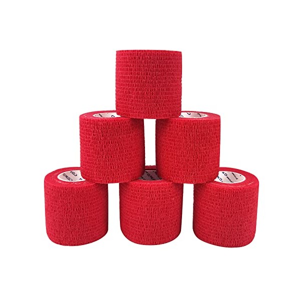 COMOmed Self Adherent Cohesive Bandage 2"x5 Yards First Aid Bandages Stretch Sport Athletic Wrap Vet Tape for Wrist Ankle Sprain and Swelling,Red(6 Rolls)