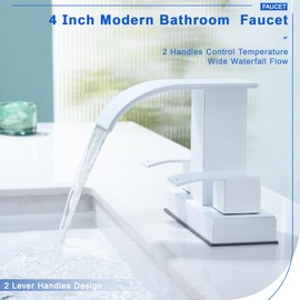 White Bathroom Sink Waterfall Faucet with Pop Up Drain Stopper & Supply Lines, 4 in Centerset Bathroom Vanity Faucet 2 Handles 2 or 3 Holes Faucet for Lavatory Bathroom Basin
