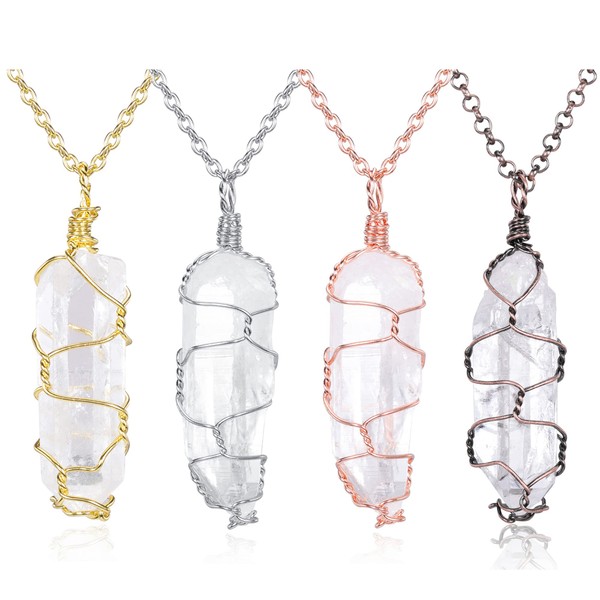 Top Plaza 4pcs Natural Raw Clear Quartz Stone Healing Crystal Necklace Wire Wrapped Pendant Necklace Reiki Gemstone Jewelry For Women Men Christmas Gifts