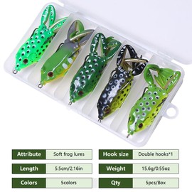 LURESMEOW Frog Lure, Frog Lures for Bass Fishing, Topwater Fishing Lures, Soft Frog Swimbaits with Weedless Design for Bass, Trout, Pike, Snakehead, 5pcs with Box