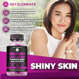 KEY ELEMENTS Hair Skin and Nails 10000mcg Biotin Gummies & Collagen Gummies - Biotin Vitamins Gummies for Hair Growth Pumpkin Seed Oil, Saw Palmetto Extract & Vitamins A B6 C D E - Biotin and Collagen Supplements