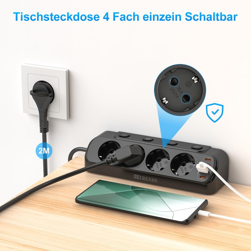 Power Strip with 4 Individual Switches, 4-Way Corner Socket Wall