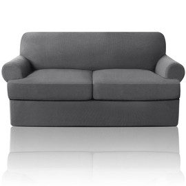 PrinceDeco T Cushion Loveseat Slipcover 3 Pieces Sofa Covers for T Cushion Sofa Stretch Sofa Covers for 2 Cushion Couch with 2 Individual T Cushion Shape Seat Covers Machine Washable, Grey