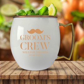 Custom Copper Moscow Mule with Smooth Painted Finish - Engraved Bar Style 100% Copper Cup with Mini Stache Monogram Wedding ThemedTheme Engraving, Brass Handle | 18 oz, White