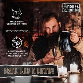 Norse Tradesman Limited Edition Viking Drinking Horn Mug - Hand Engraved with Norse Wolf and Viking Compass Artwork - Wolfsbane, High Polish, approx. 16 oz