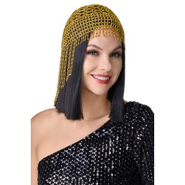 BABEYOND 1920s Beaded Cap Headpiece Roaring 20s Beaded Flapper Headpiece Belly Dance Cap Exotic Cleopatra Headpiece for Gatsby Themed Party (Gold)
