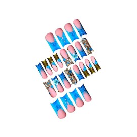 Long Square Press on Nails Blue French Tips Fake Nails with 3D Flower Charm Design Gold Rhinestones False Nails Glossy Skin Tones Stick on Nails Cute Zebra Glue on Nails for Women Girls Manicure 24Pcs