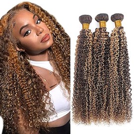 Hxxcoup Sew-in Bundles Real Hair Wefts for Sewing Human Hair Bundles Curly Wave P427 Highlight Blonde Double Weft Extensions 26 28 30 Inch with Minimal Smell Minimal Tangle, 100 g/pc for Women