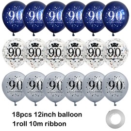 18Pcs Happy Birthday Balloons Decorations Navy Blue Silver 90th Birthday Balloons Decoration Happy 90th Birthday Confetti Latex Balloons Decorations for Men Women 90 Anniversary Birthday Party Décor