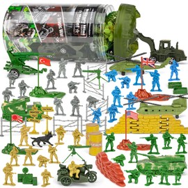 TikOnsYol 100 Pcs Army Men Toys for Boys with Map in Bucket World War II WW2 Green Gray Plastic Army Men Military Guy Toy Soldier Action Figures Battlefield Playset and Accessories
