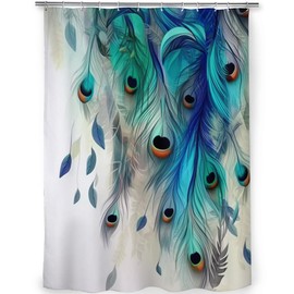 Watercolor Peacock Feather Shower Curtain Bathroom Decor Teal Blue Green Leaf Bathtub Accessories Women Girls Simple Turquoise Floral Set Waterproof Fabric Shower Curtain 12 Pack Hooks 60*72 inches